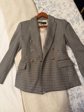 Zara Double-Breasted Houndstooth Blazer - Black & White